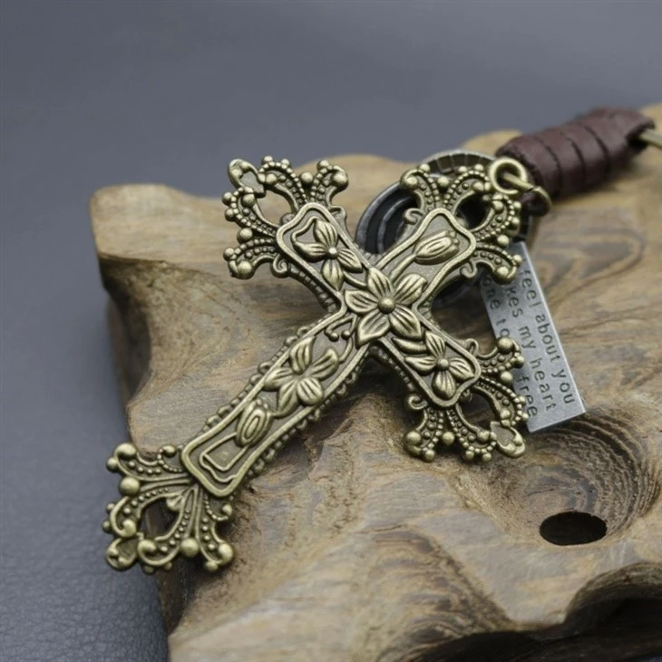 Bronze Cross Keychain | Retro Knitting Leather Mens Gift factory